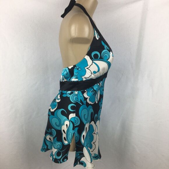 Cache 100% Silk Black White Blue Print Dark Floral Sleeveless Halter top 8 - Picture 4 of 9